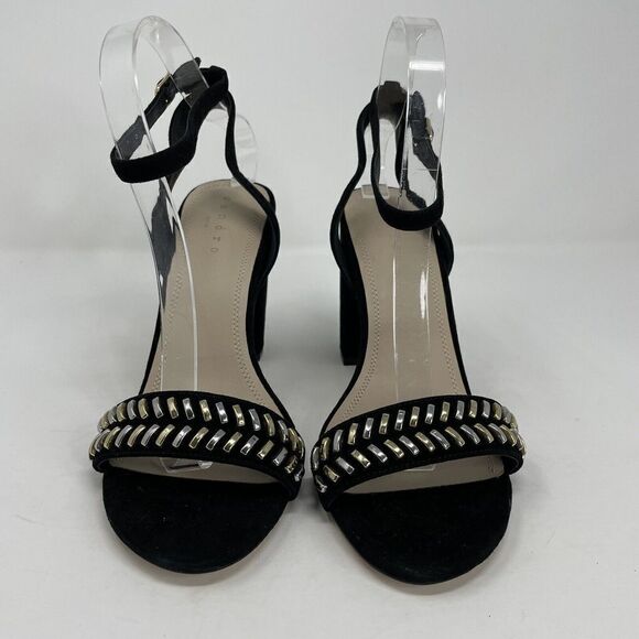 SANDRO Paris Strappy Sandals Womens 40 US 9 Black Suede 4" Heels Ankle-Strap - Picture 3 of 12